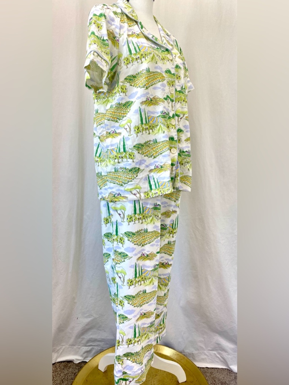 BedHead Pajamas "Wine Country" vineyard Green White Stretch Jersey Cropped MED - Picture 9 of 17